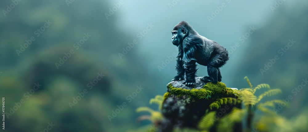 Majestic Gorilla Standing on Rock Surrounded by Lush Greenery in a Misty Forest Environment Majestic Gorilla Standing on Rock Surrounded by Lush Greenery in a Misty Forest Environment
