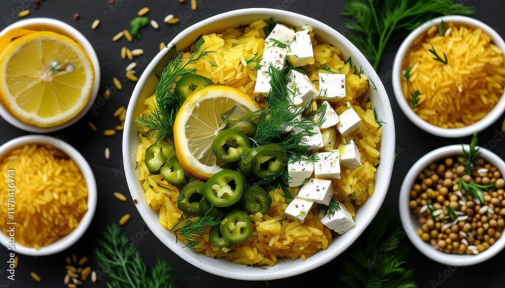 Fresh Greek Lemon Rice Bowl with Vegetables and Herbs for Healthy Dining Option