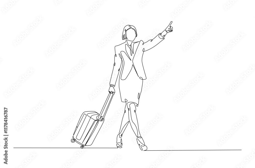 Obraz premium Businesswoman holding Luggage bag in continuous one line drawing. Single line art illustration of woman with travel suitcase. Editable vector.