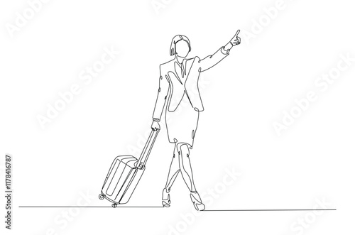 Businesswoman holding Luggage bag in continuous one line drawing. Single line art illustration of woman with travel suitcase. Editable vector.