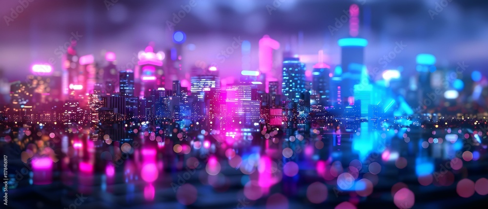 Obraz premium Vibrant Night Cityscape with Colorful Neon Lights and Reflections over Water in Urban Setting