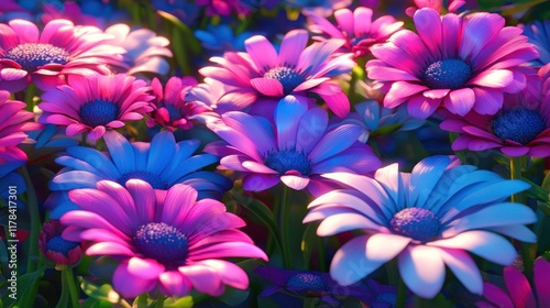Vibrant pink and blue flowers in a lush garden.