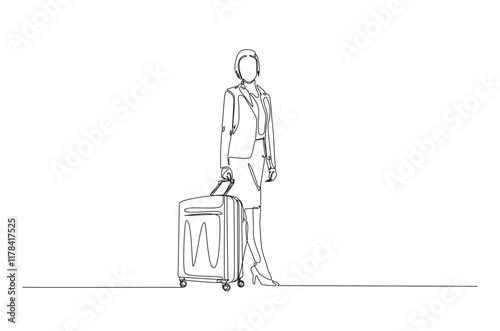 Businesswoman holding Luggage bag in continuous one line drawing. Single line art illustration of woman with travel suitcase. Editable vector.