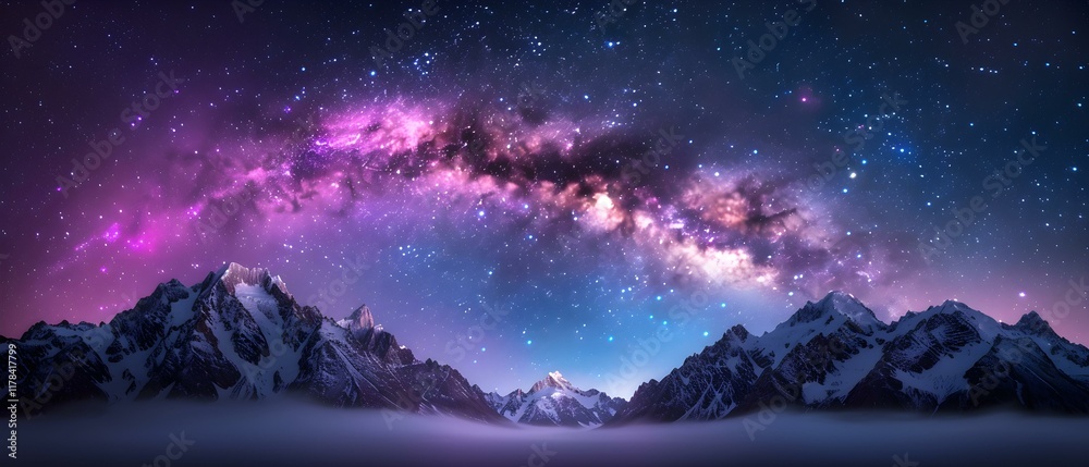 Fototapeta premium Breathtaking Night Sky Over Majestic Mountains with Milky Way and Starry Universe in Vibrant Colors