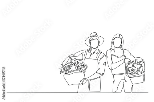 Farmer holding box with full of vegetables continuous one line drawing. Single line art of farmerming and harvesting illustration. Editable vector.