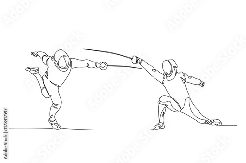 Fencer sport continuous one line drawing. Fencing Player duel single line art illustration. Editable vector.