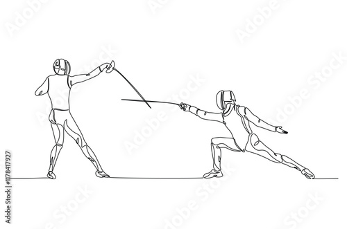 Fencer sport continuous one line drawing. Fencing Player duel single line art illustration. Editable vector.