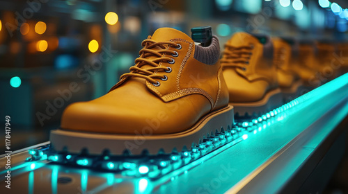 Stylish brown boots on conveyor belt, showcasing modern design and craftsmanship. warm lighting enhances appeal of these durable footwear options