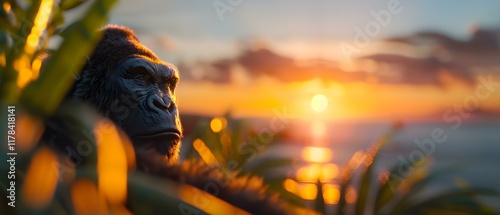 Majestic Gorilla Surrounded by Lush Foliage Against a Stunning Sunset Overlooking the Ocean Horizon photo