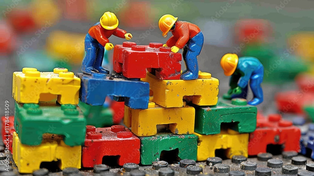 Naklejka premium Tiny figures building a structure from large colored blocks, at an abstract setting.