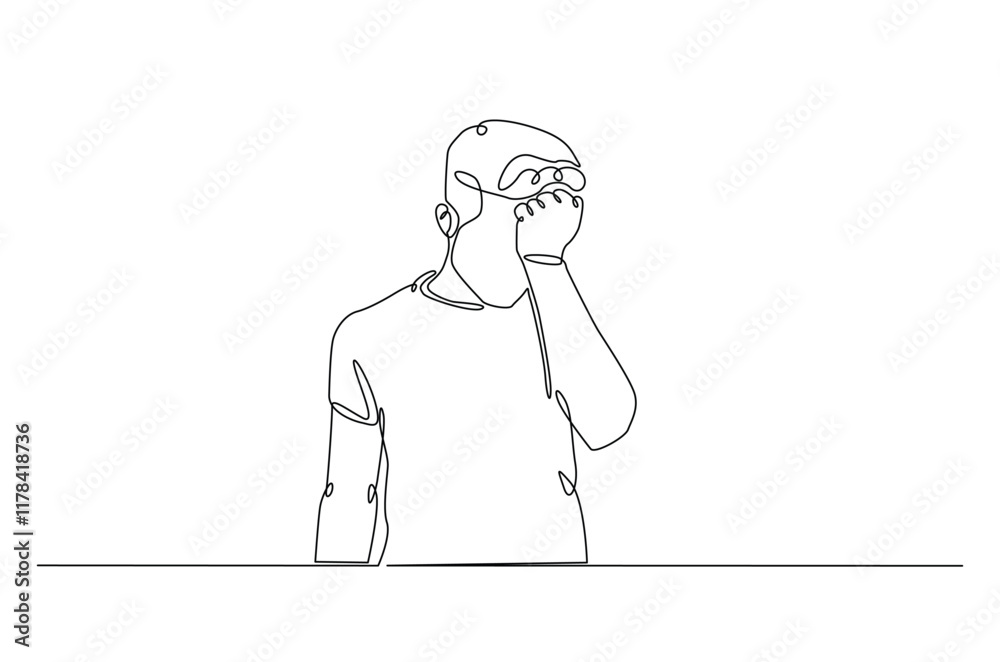 Man hold his head continuous one line drawing. Single line art illustration of man in depression, stressed, headache and despair. Editable vector. Man hold his head continuous one line drawing. Single line art illustration of man in depression, stressed, headache and despair. Editable vector.