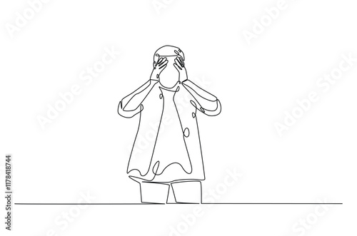 Man hold his head continuous one line drawing. Single line art illustration of man in depression, stressed, headache and despair. Editable vector.