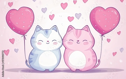 Two adorable cats snuggle closely, their soft fur intertwining, as they bask in the warmth of love on a cozy Valentine's Day.