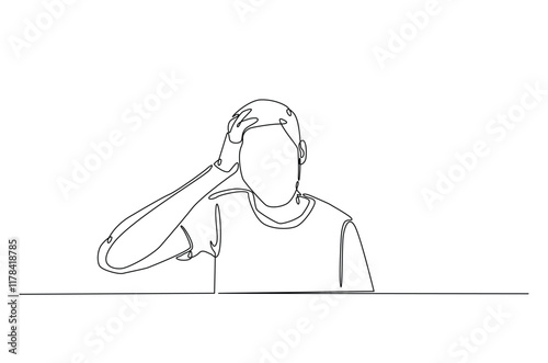 Man hold his head continuous one line drawing. Single line art illustration of man in depression, stressed, headache and despair. Editable vector.