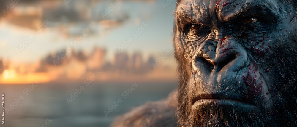 Majestic Gorilla Portrait at Sunset with Detailed Features and Intense Expression Majestic Gorilla Portrait at Sunset with Detailed Features and Intense Expression