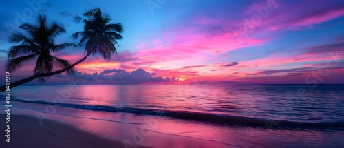 Serene Sunset Over Tranquil Ocean with Silhouetted Palm Tree and Colorful Sky Reflections