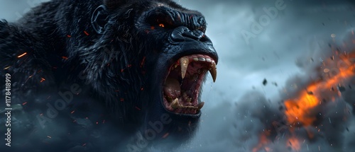 Majestic gorilla roaring amidst dramatic stormy sky and fiery explosion in an epic cinematic scene photo