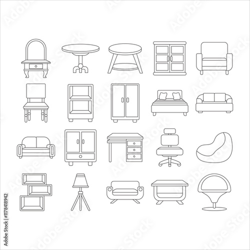 Home Furniture Interior Isolated Outline Icon Set