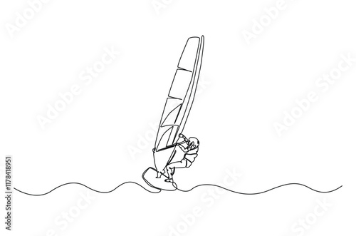 windsurfing sport continuous one line drawing. Single line art illustration of windsurfing athlete ride surfboard. Editable vector.