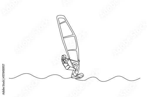 windsurfing sport continuous one line drawing. Single line art illustration of windsurfing athlete ride surfboard. Editable vector.