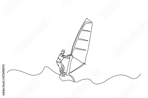 windsurfing sport continuous one line drawing. Single line art illustration of windsurfing athlete ride surfboard. Editable vector.