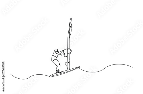 windsurfing sport continuous one line drawing. Single line art illustration of windsurfing athlete ride surfboard. Editable vector.