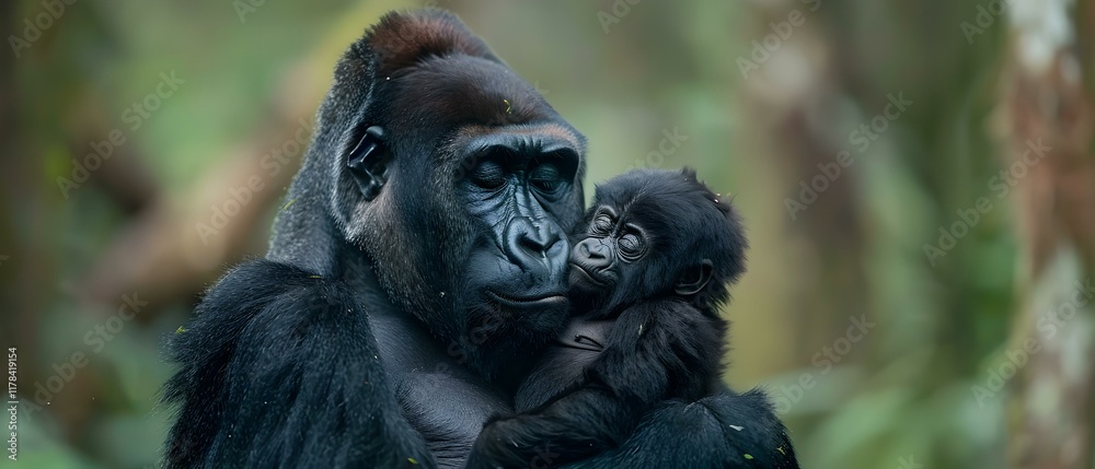 Fototapeta premium Mother gorilla holding baby in natural habitat showcasing love and nurturing bond in wildlife setting