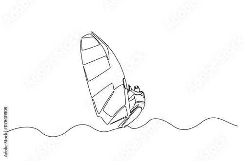 windsurfing sport continuous one line drawing. Single line art illustration of windsurfing athlete ride surfboard. Editable vector.