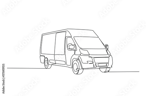 Cargo delivary van continuous one line drawing. Single line art illustration of van truck. Editable vector. photo