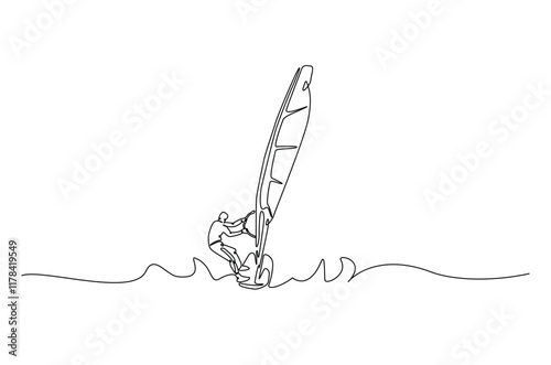 windsurfing sport continuous one line drawing. Single line art illustration of windsurfing athlete ride surfboard. Editable vector.