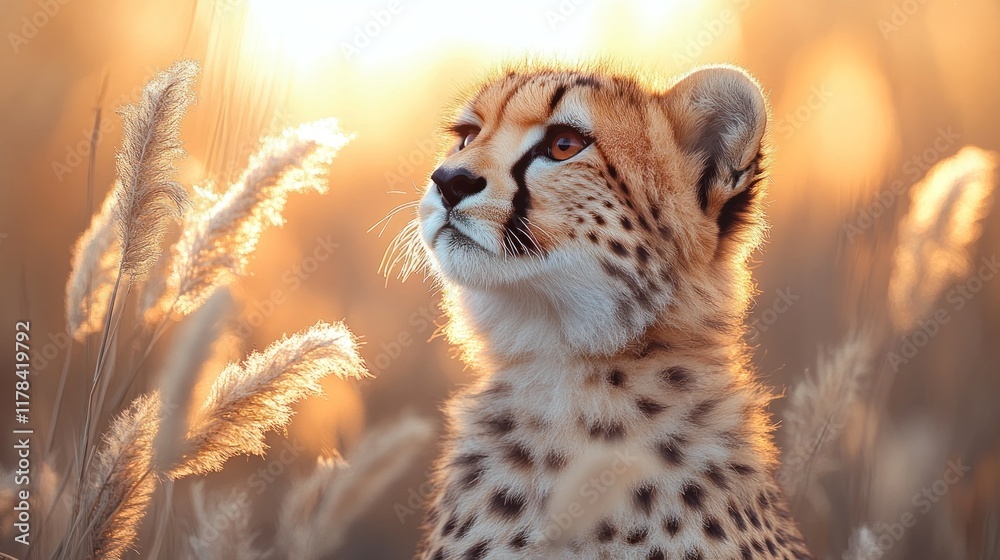 Fototapeta premium A cheetah gazes thoughtfully against a warm, golden sunset backdrop.