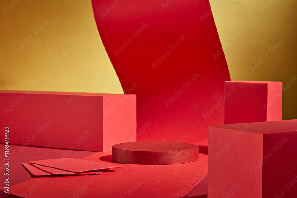 Obraz premium Frontal view of a Lunar New Year-themed picture with a yellow backdrop. Some platforms for displaying product advertisements are adorned with red paper strings and fortunate envelopes.