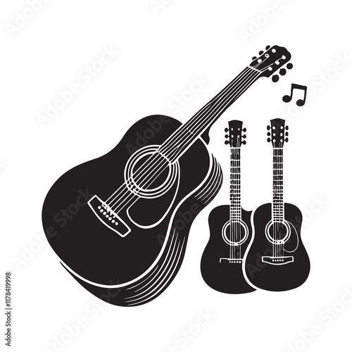 Acoustic Guitar Silhouette Vector Illustration, Solid White Background.