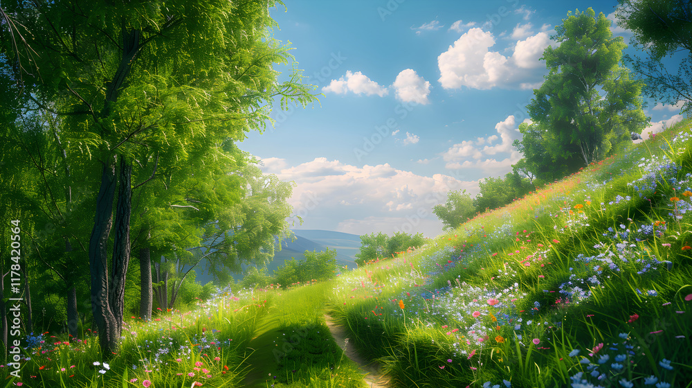 Scenic Hillside with Wildflowers and Winding Path Under Clear Blue Sky Scenic Hillside with Wildflowers and Winding Path Under Clear Blue Sky
