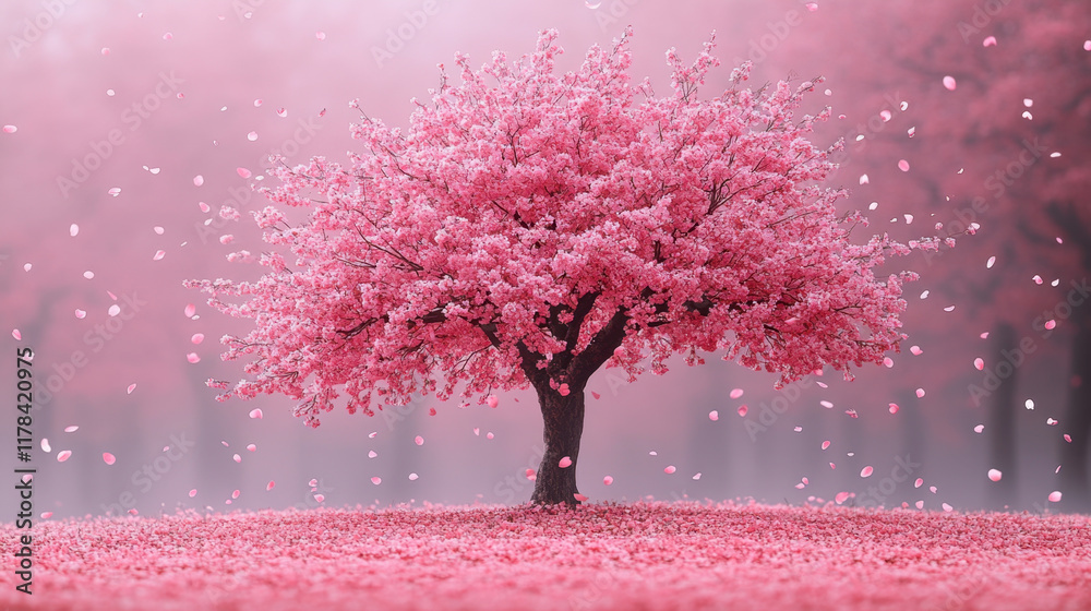 Obraz premium stunning cherry blossom tree in full bloom, surrounded by pink petals, creates serene and enchanting atmosphere. vibrant colors evoke feelings of tranquility and beauty