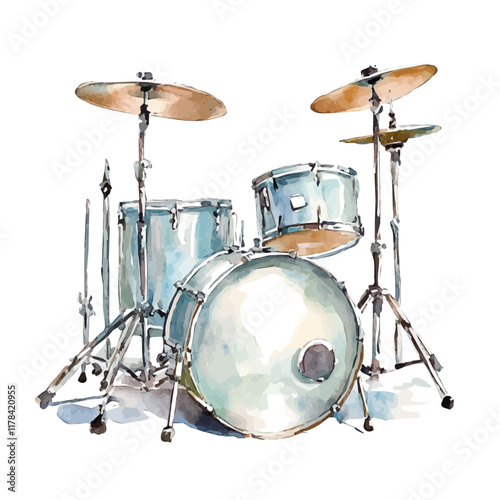 A watercolor vector of a drum set, isolated on a white background. Drum set vector.
