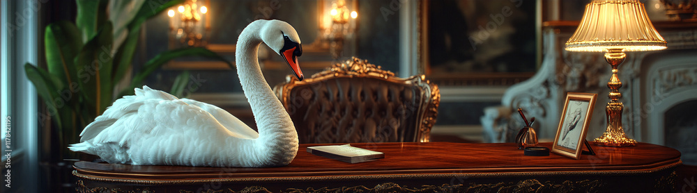 Φωτογραφία An elegant swan in an early 1900s business dress, standing by a polished walnut desk in a room filled with ornate vintage decor, symbolizing grace and authority
