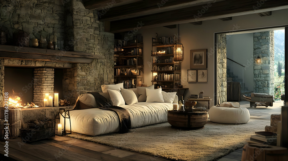 Cozy Cabin Living Room: Stone Fireplace, Bookshelves, and Warm Lighting Cozy Cabin Living Room: Stone Fireplace, Bookshelves, and Warm Lighting