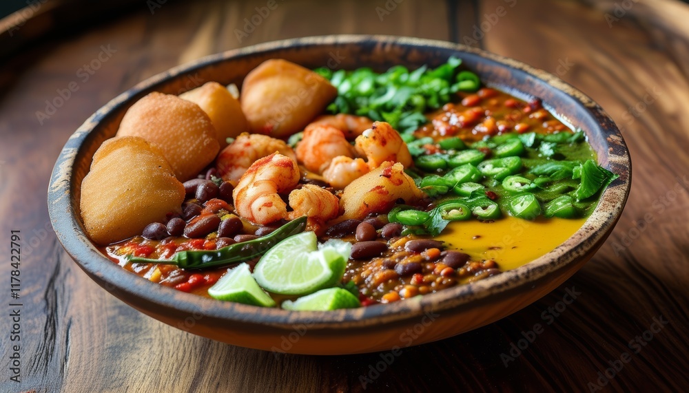 Colorful Brazilian Acarajé Bowl with Shrimp and Fresh Toppings on Wooden Table Colorful Brazilian Acarajé Bowl with Shrimp and Fresh Toppings on Wooden Table