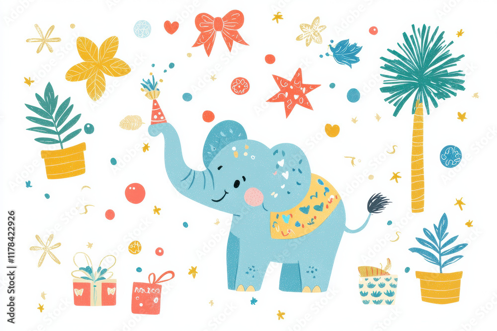 Fototapeta premium Cute elephant illustration with colorful decorations and plants