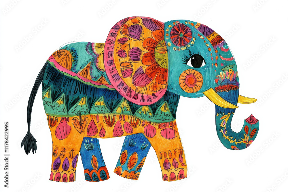 Obraz premium Colorful elephant illustration with intricate patterns and designs