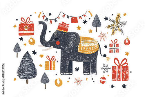 Wallpaper Mural festive elephant illustration surrounded by gifts and decorations Torontodigital.ca