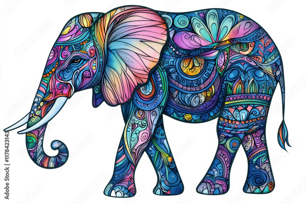 Fototapeta premium Colorful elephant illustration with intricate patterns and designs