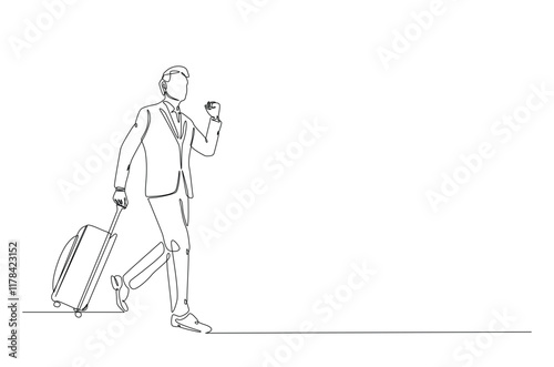 Businessman holding Luggage bag in continuous one line drawing. Single line art illustration of men with travel suitcase. Editable vector.