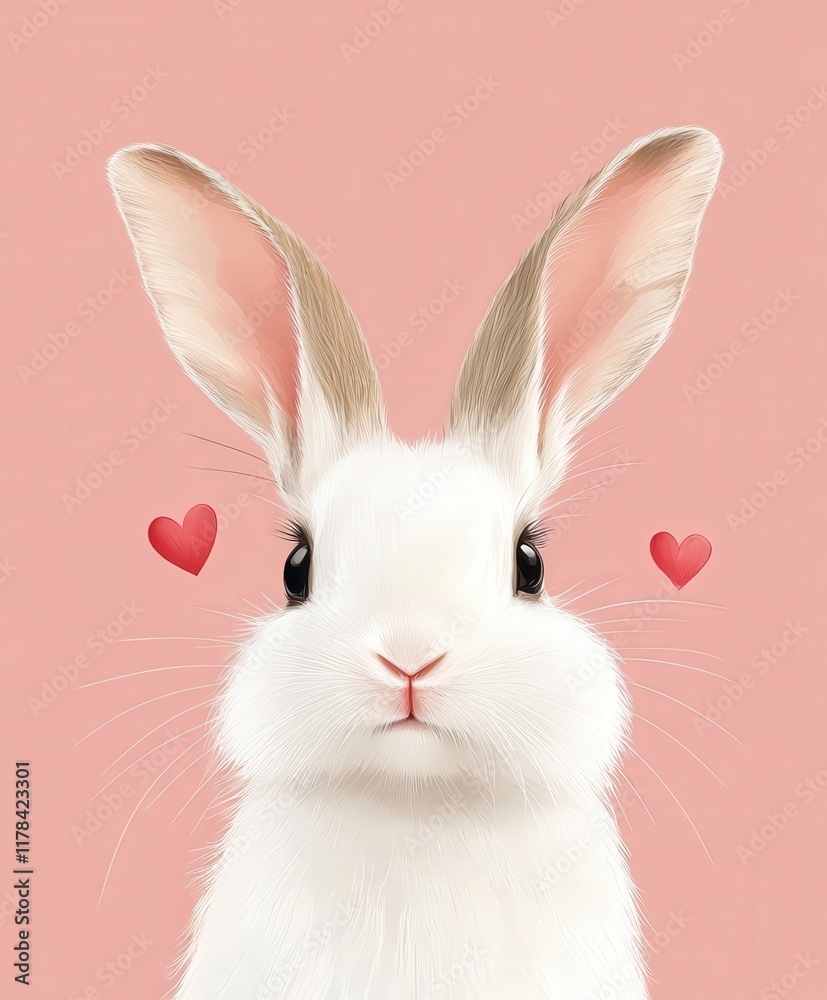 Obraz premium A charming white rabbit adorned with vibrant heart patterns on its ears, embodying the spirit of love and joy for Valentine's Day.