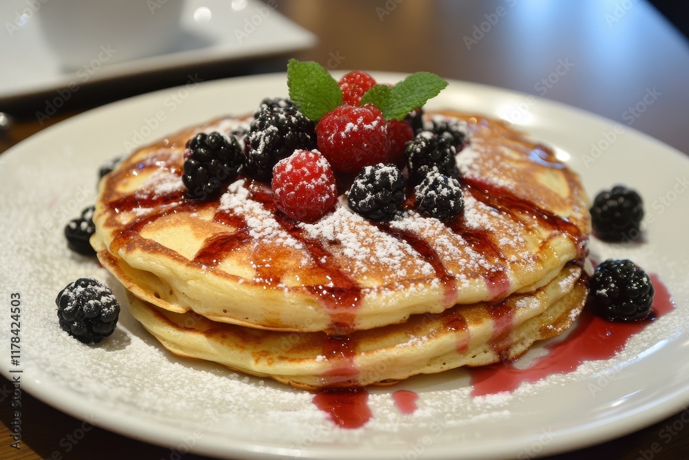 Fluffy pancakes topped with fresh raspberries, blackberries, powdered sugar, and berry syrup. Perfect image for breakfast menus, blogs, or food websites showcasing delicious treats.