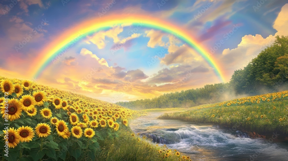Rainbow over Sunflower Field and River Rainbow over Sunflower Field and River
