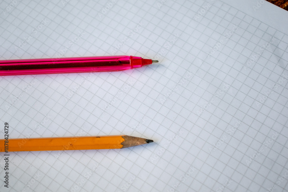 A pencil and red pen placed on a white grid paper sheet, symbolizing creativity, writing, and organization. This simple and versatile image is perfect for projects related to education, stationery A pencil and red pen placed on a white grid paper sheet, symbolizing creativity, writing, and organization. This simple and versatile image is perfect for projects related to education, stationery