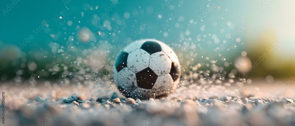 Naklejka premium Dynamic Water Splashing Around a Black and White Soccer Ball on a Gravel Surface Under Natural Light