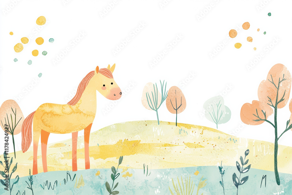 Naklejka premium cheerful horse stands in colorful landscape with trees and plants